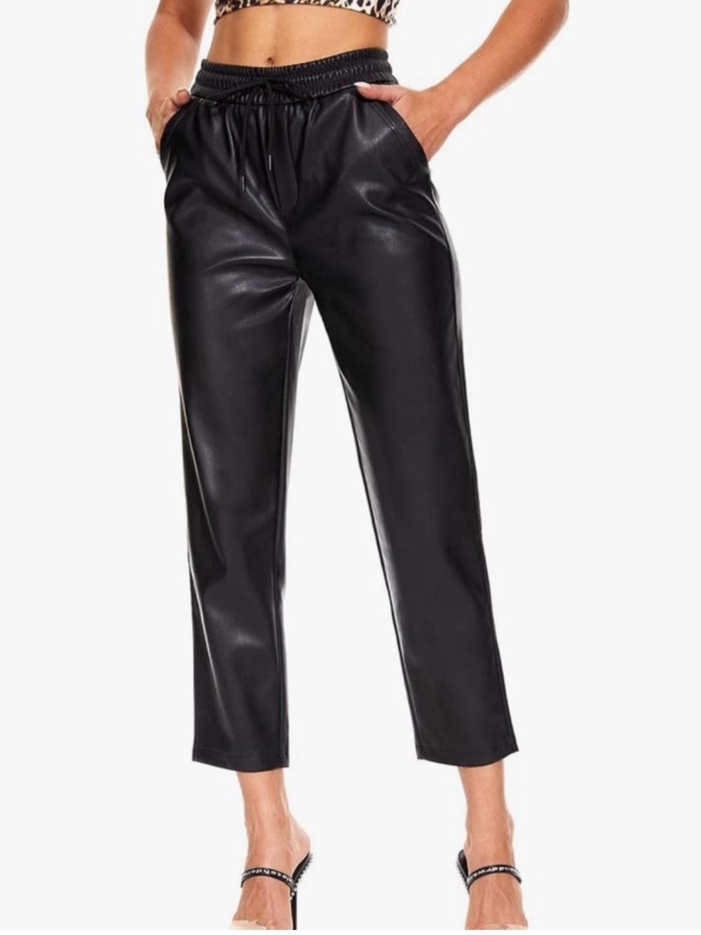 Women's Black Faux Leather Drawstring Ankle Pants
